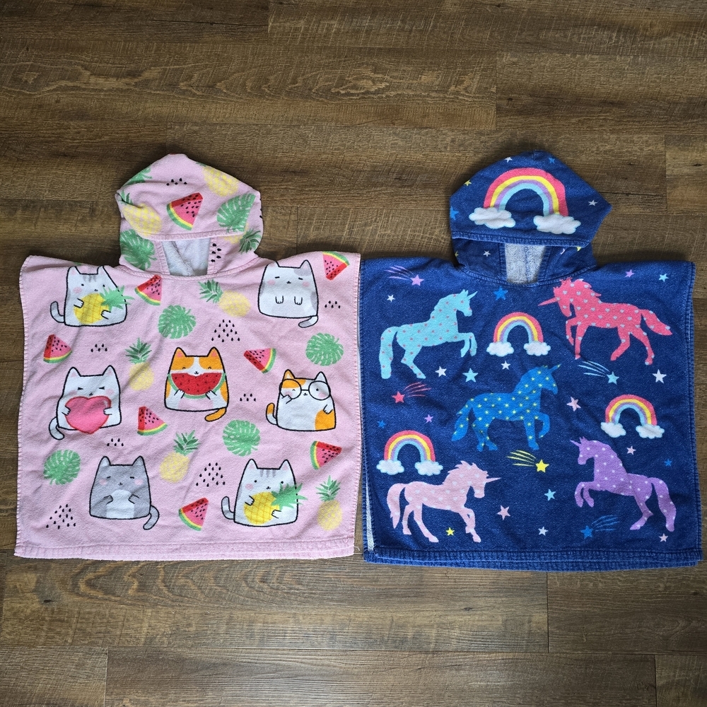 Kids Hooded Bath Beach Towel Ponchos Set Unicorn Cat